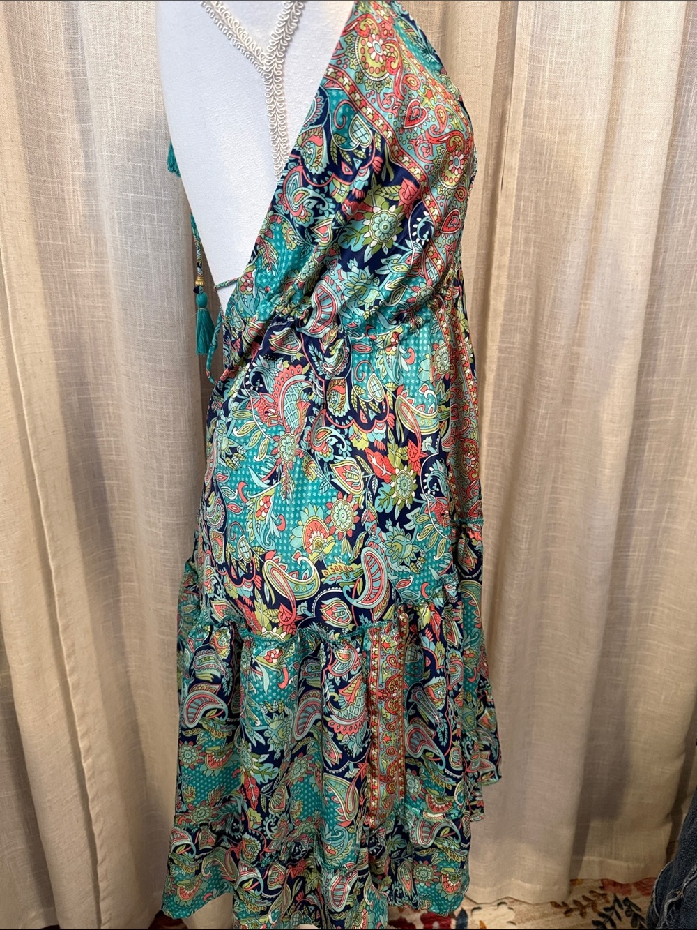 NWT - Zury Silk Blend Paisley Halter Dress Tassel Tie Open Back Boho Resort - Picture 4 of 12